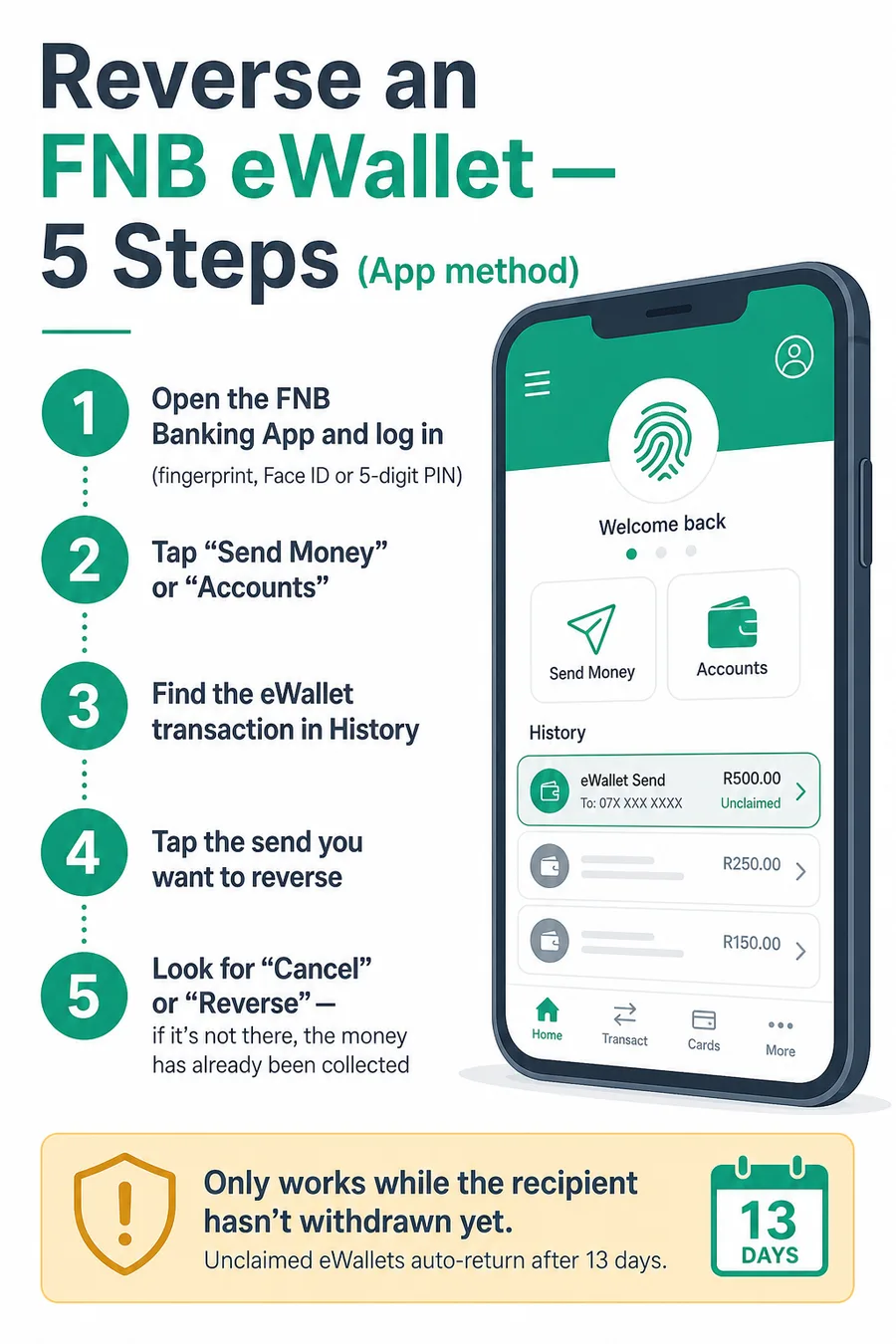 FNB eWallet reversal 5 step guide via banking app login transaction history cancel reverse
